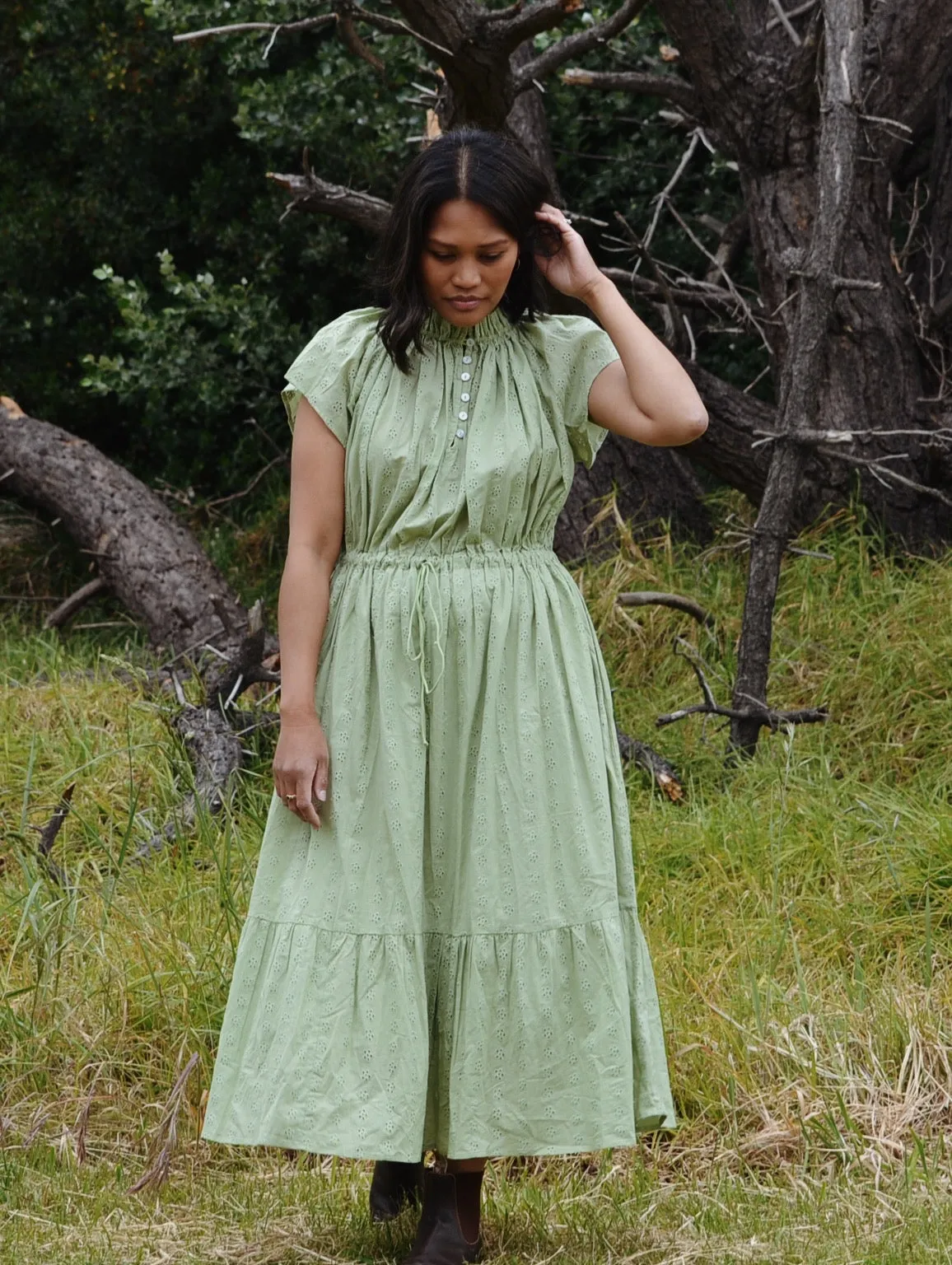 100% RECYCLED COTTON - ISABEL DRESS SAGE COTTON LACE