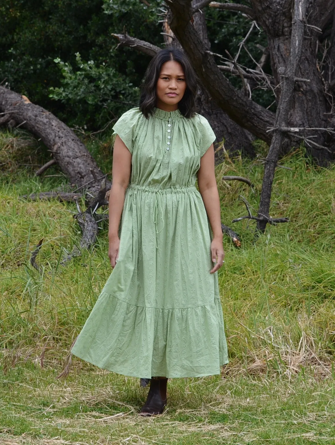 100% RECYCLED COTTON - ISABEL DRESS SAGE COTTON LACE