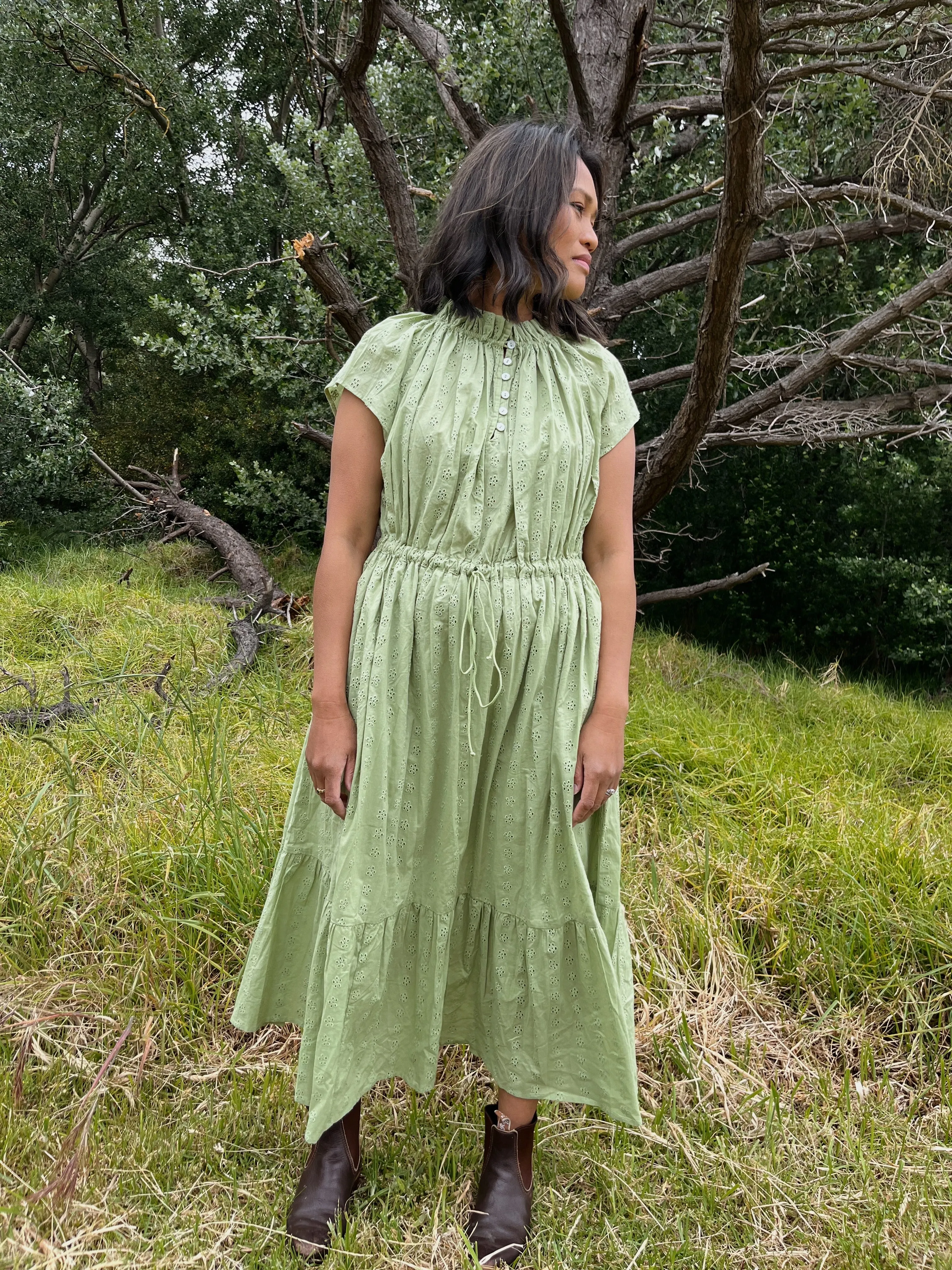 100% RECYCLED COTTON - ISABEL DRESS SAGE COTTON LACE