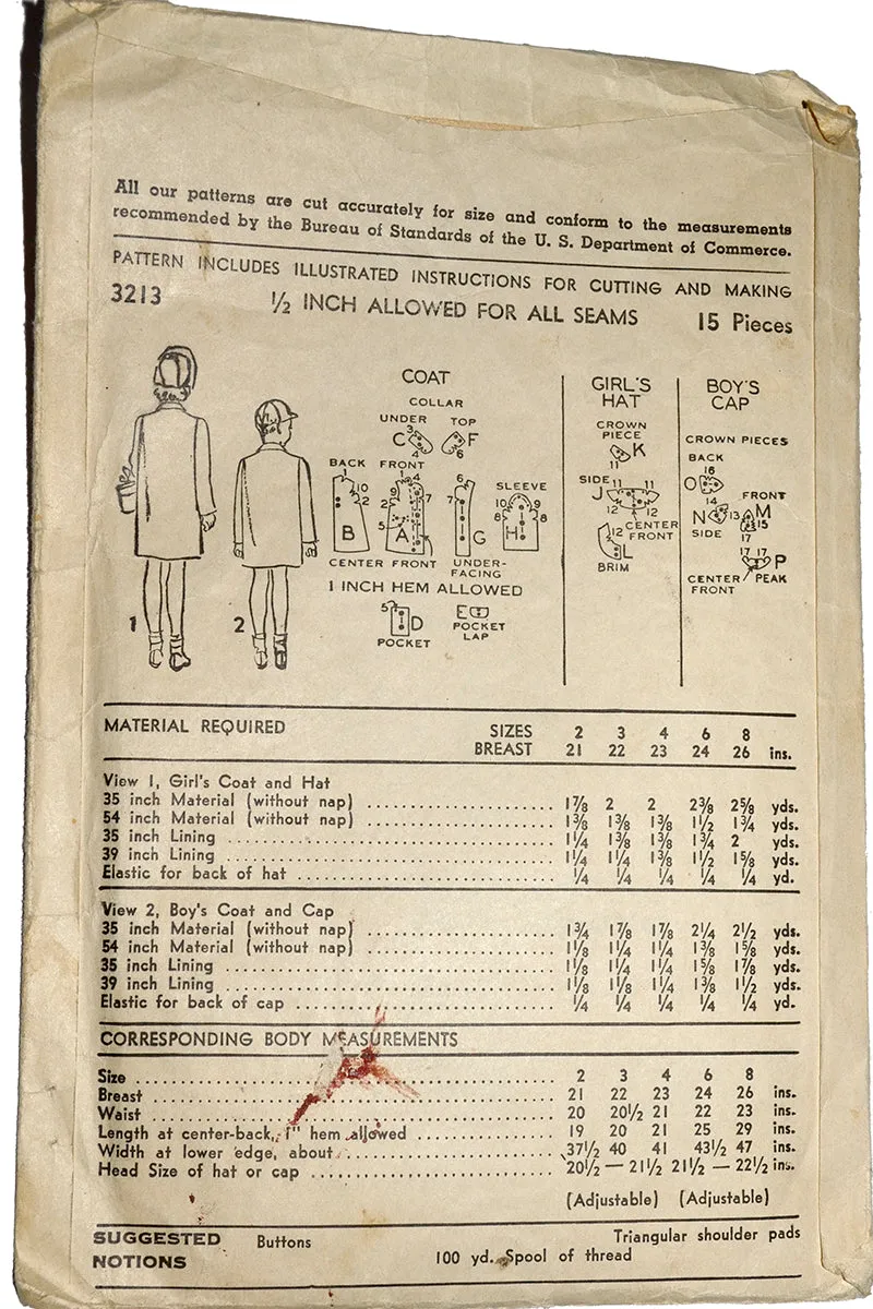 1943 Girl and Boys Coat & Hat Pattern Advance 3213