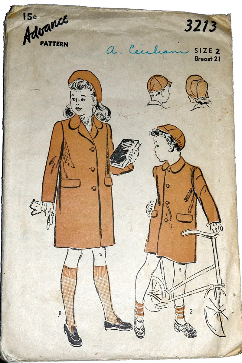 1943 Girl and Boys Coat & Hat Pattern Advance 3213