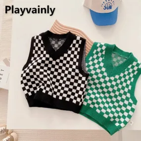 2022 Korean Spring Baby Girl Boy Vest Knitting V-neck Sleeveless Black Green Chessboard Waistcoat Sweater Wool Clothes E391