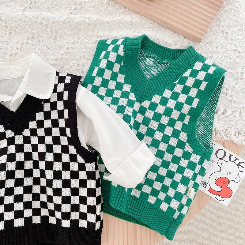 2022 Korean Spring Baby Girl Boy Vest Knitting V-neck Sleeveless Black Green Chessboard Waistcoat Sweater Wool Clothes E391