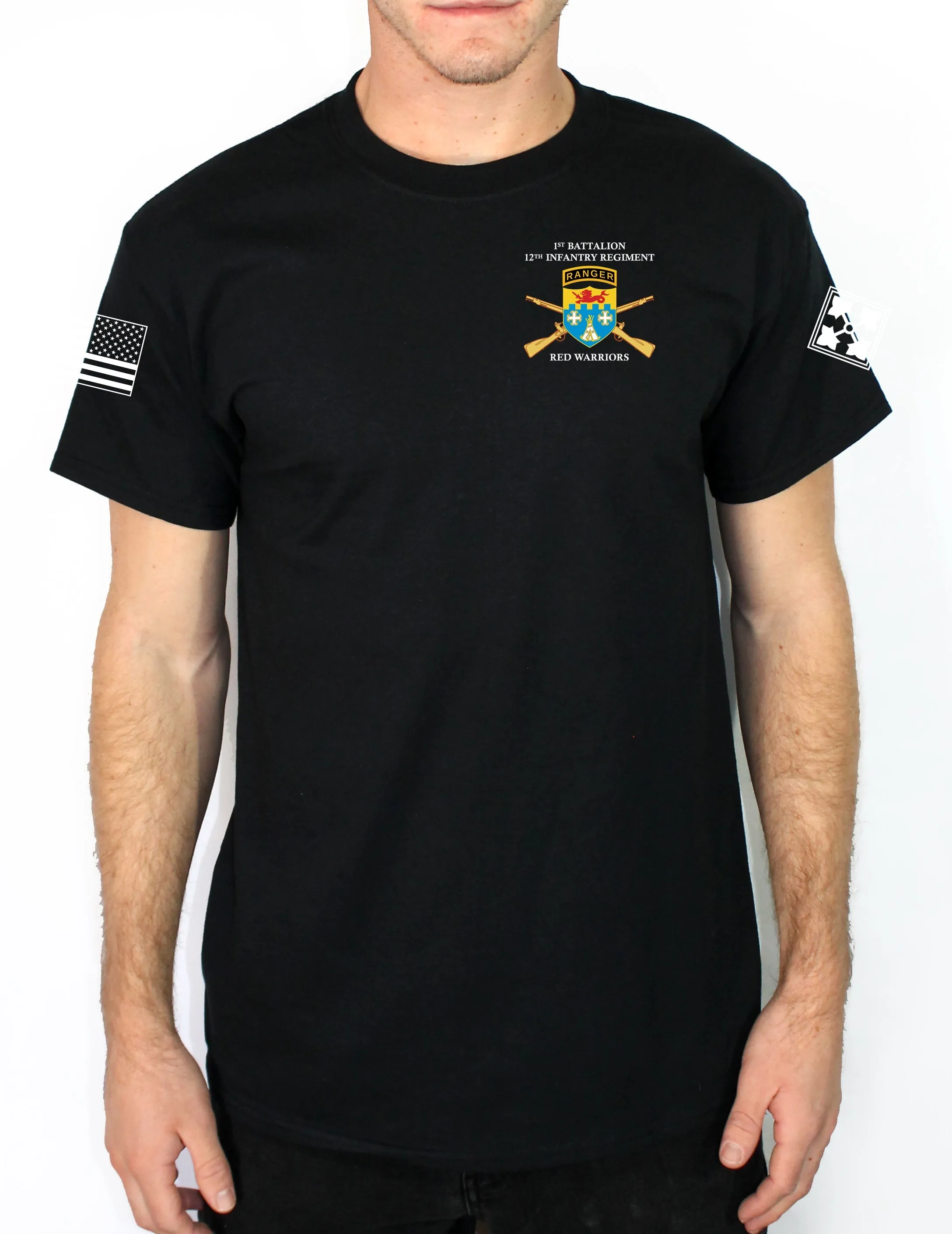 A Co 50-50 Blend Black Unisex PT Short Sleeve Shirt. Approved for PT