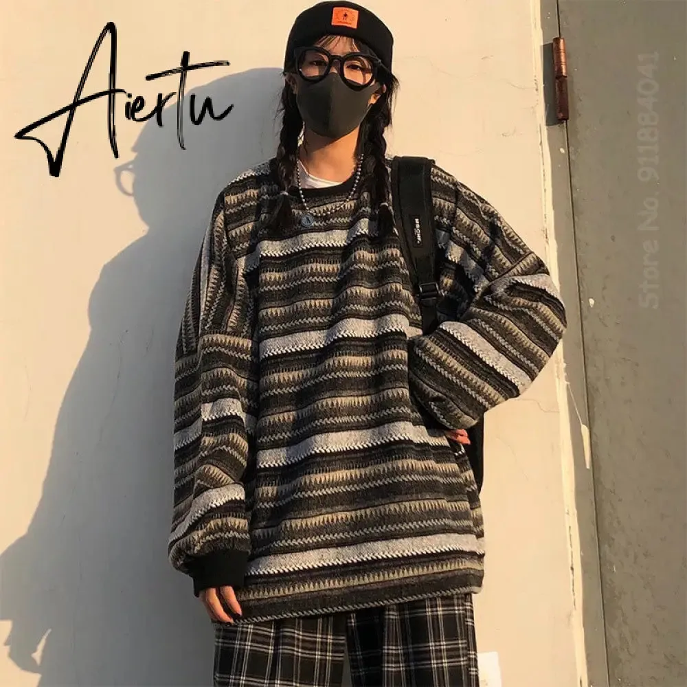 Aiertu  Autumn Pullover Women Vintage Striped Oversize Sweater Long Sleeve Knitted Tops Hip Hop  Streetwear Pullover Female