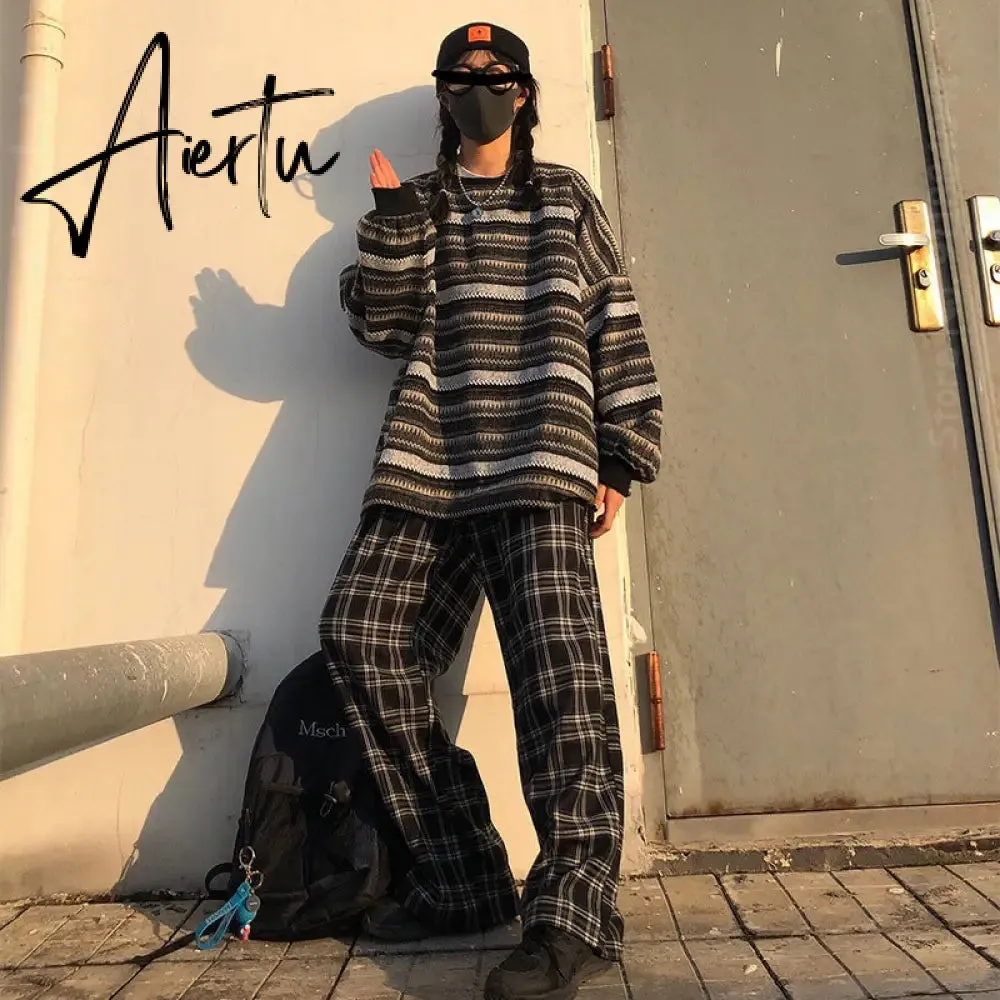 Aiertu  Autumn Pullover Women Vintage Striped Oversize Sweater Long Sleeve Knitted Tops Hip Hop  Streetwear Pullover Female