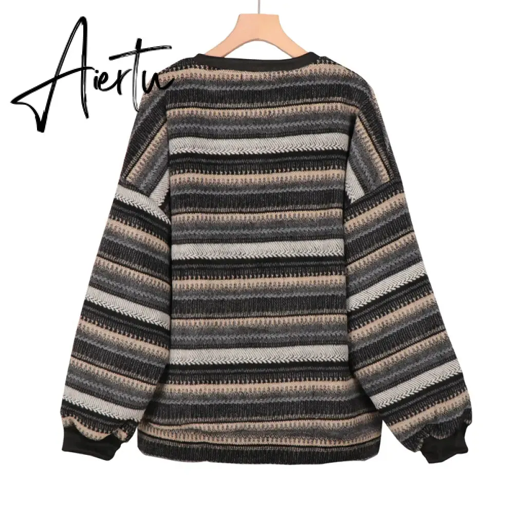 Aiertu  Autumn Pullover Women Vintage Striped Oversize Sweater Long Sleeve Knitted Tops Hip Hop  Streetwear Pullover Female