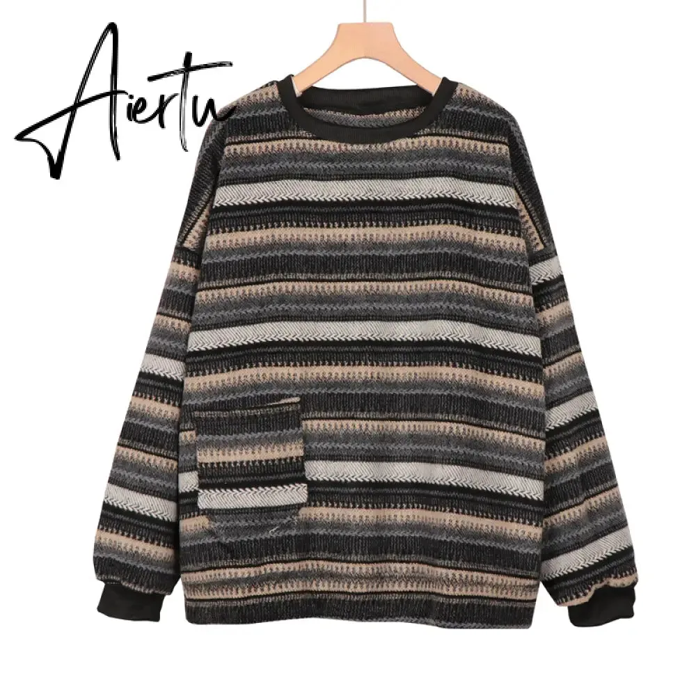 Aiertu  Autumn Pullover Women Vintage Striped Oversize Sweater Long Sleeve Knitted Tops Hip Hop  Streetwear Pullover Female