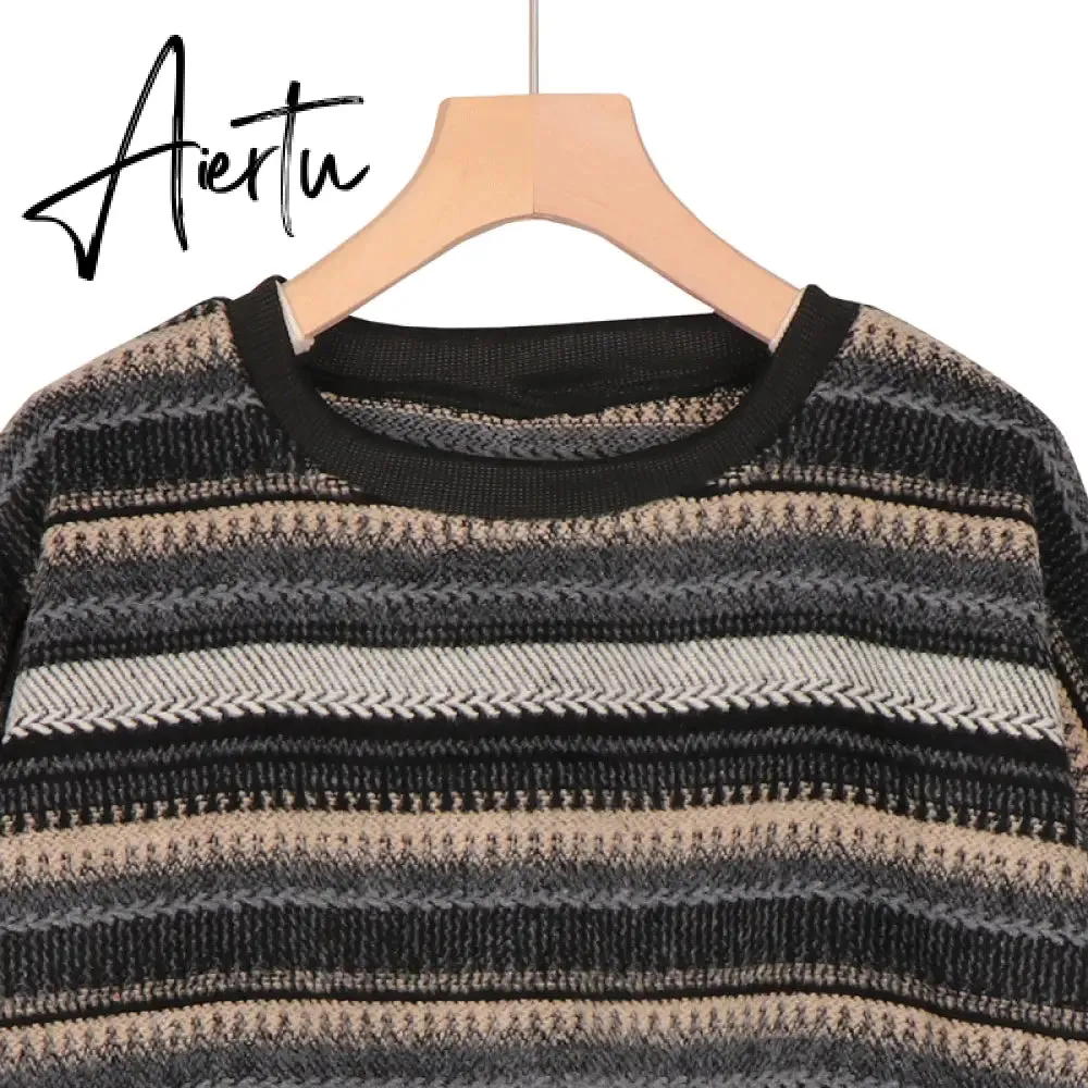 Aiertu  Autumn Pullover Women Vintage Striped Oversize Sweater Long Sleeve Knitted Tops Hip Hop  Streetwear Pullover Female