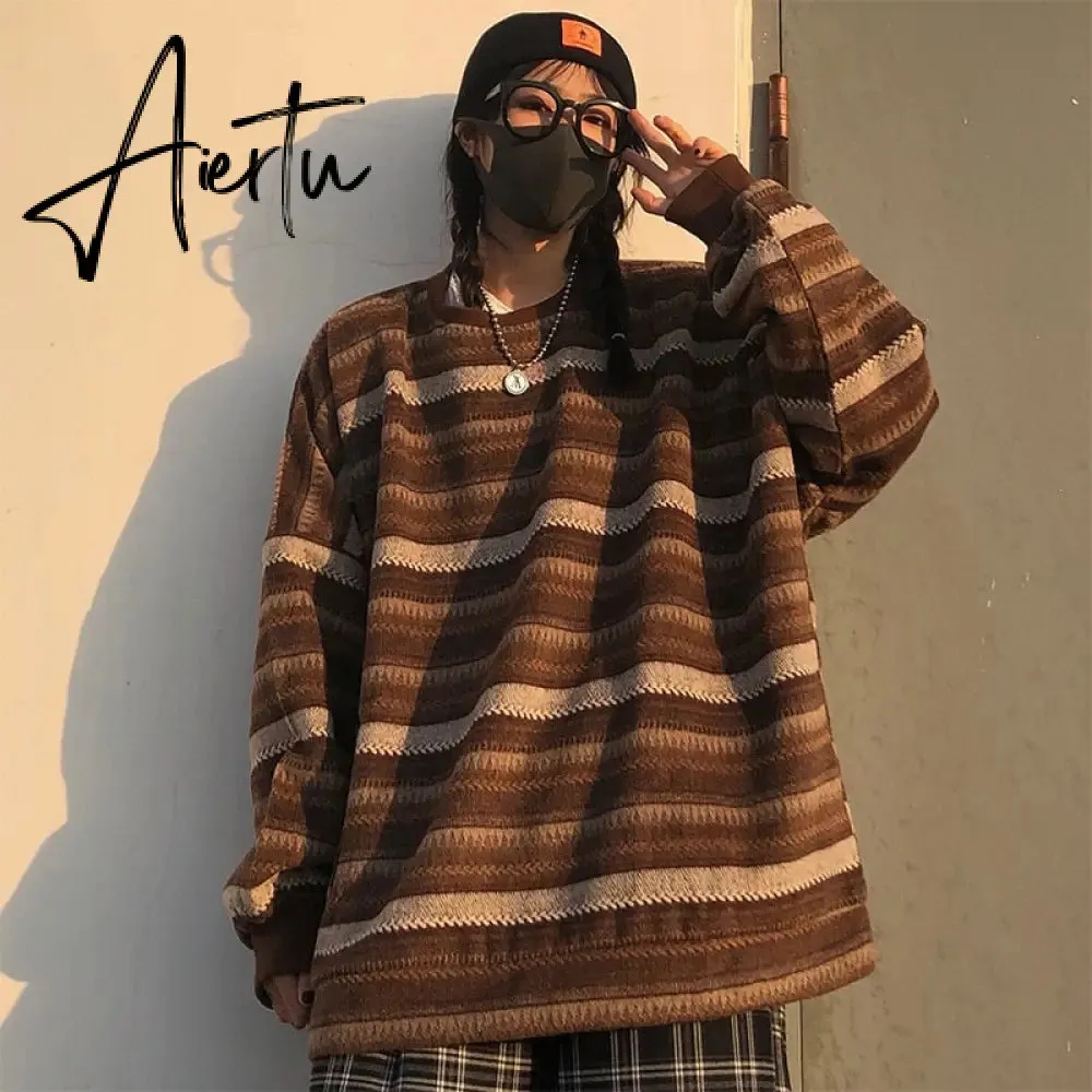 Aiertu  Autumn Pullover Women Vintage Striped Oversize Sweater Long Sleeve Knitted Tops Hip Hop  Streetwear Pullover Female