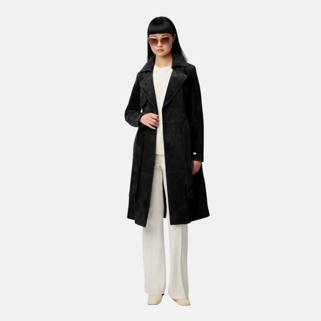 Alexis-N Slim-Fit Suede Trench Coat (Black)