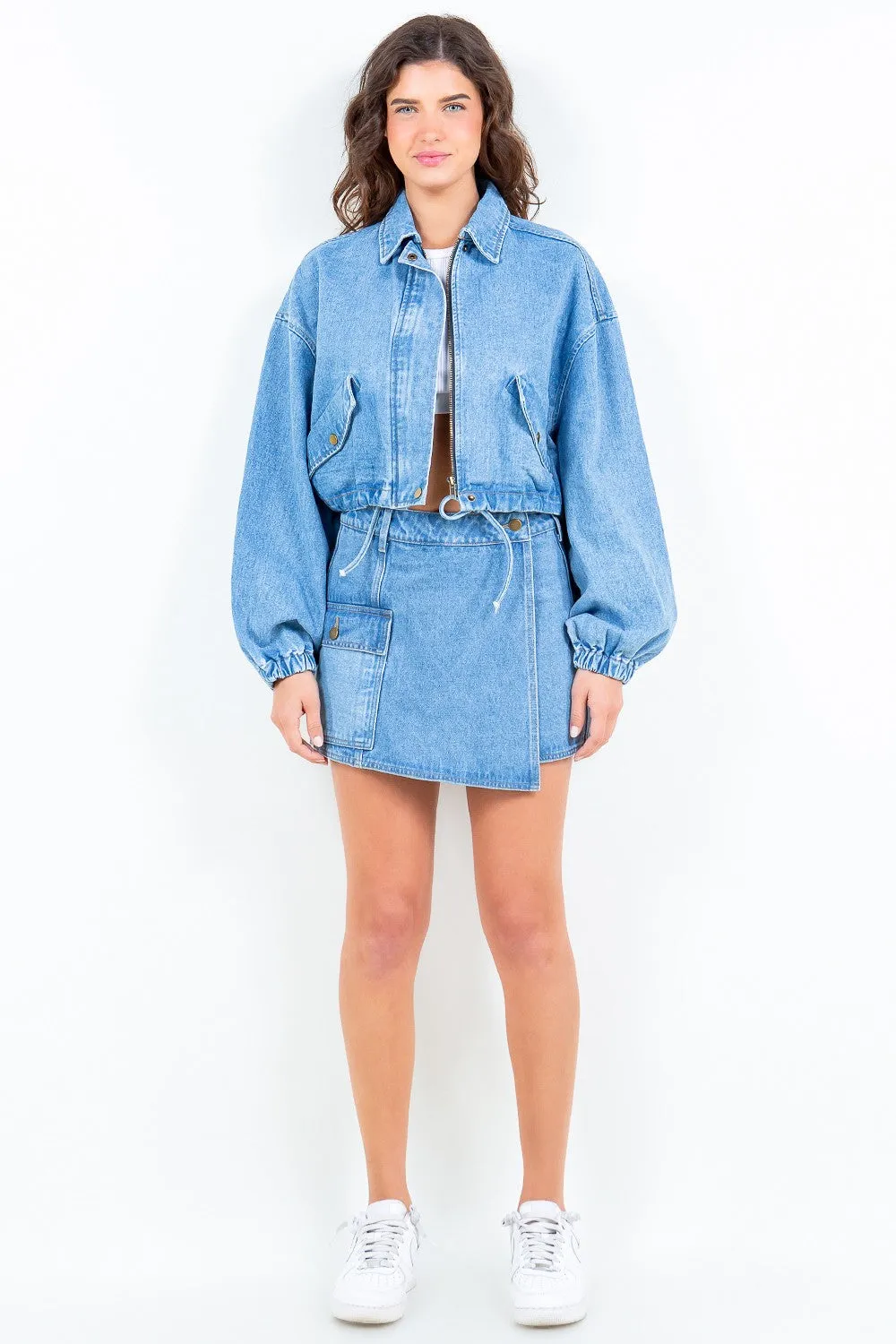 American Bazi Drawstring Waist Crop Denim Jacket