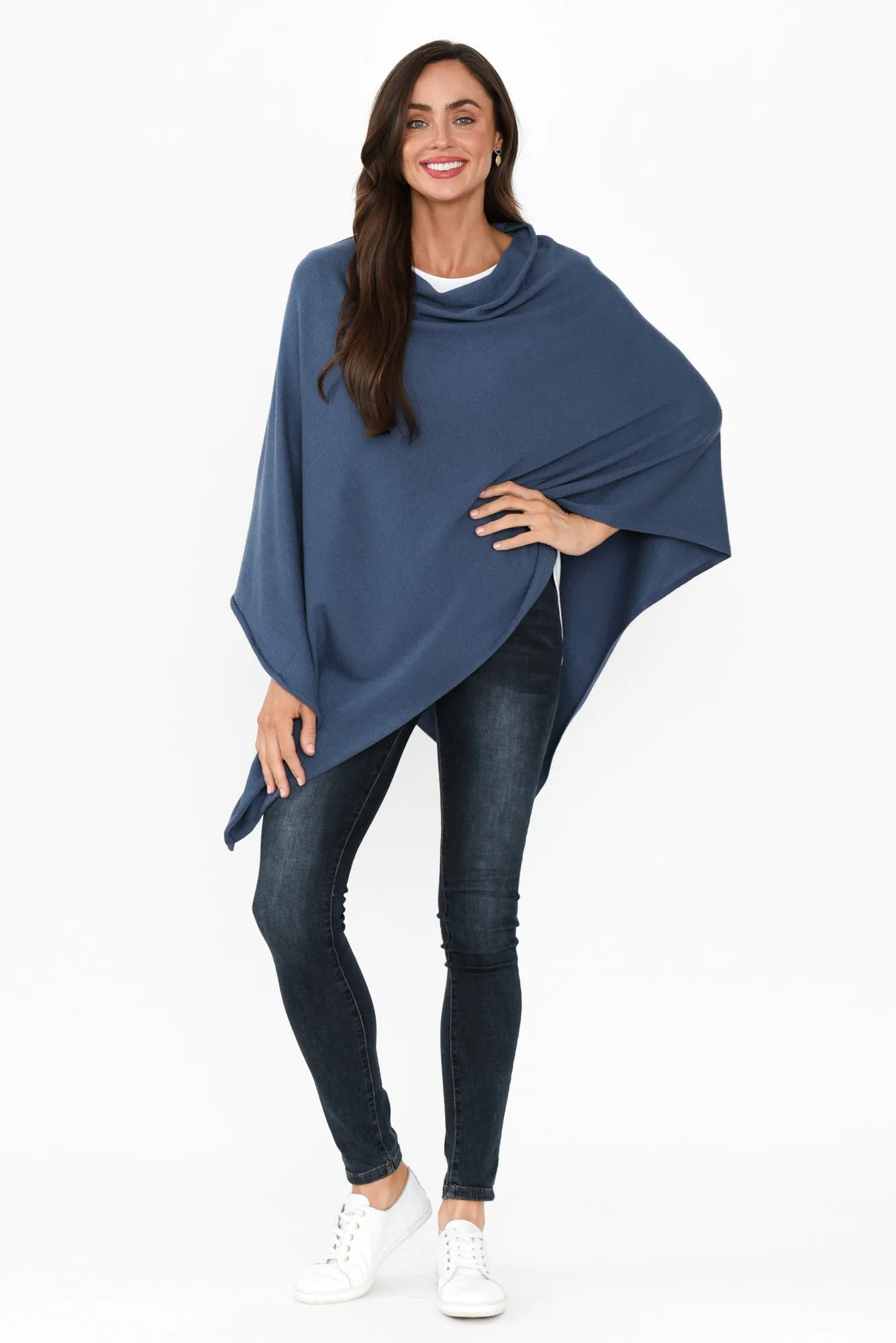 Amy Sea Blue Wool Blend Poncho