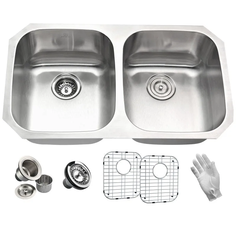 ANZZI MOORE Undermount 32 in. Double Bowl Kitchen Sink with Singer Faucet in Brushed Nickel