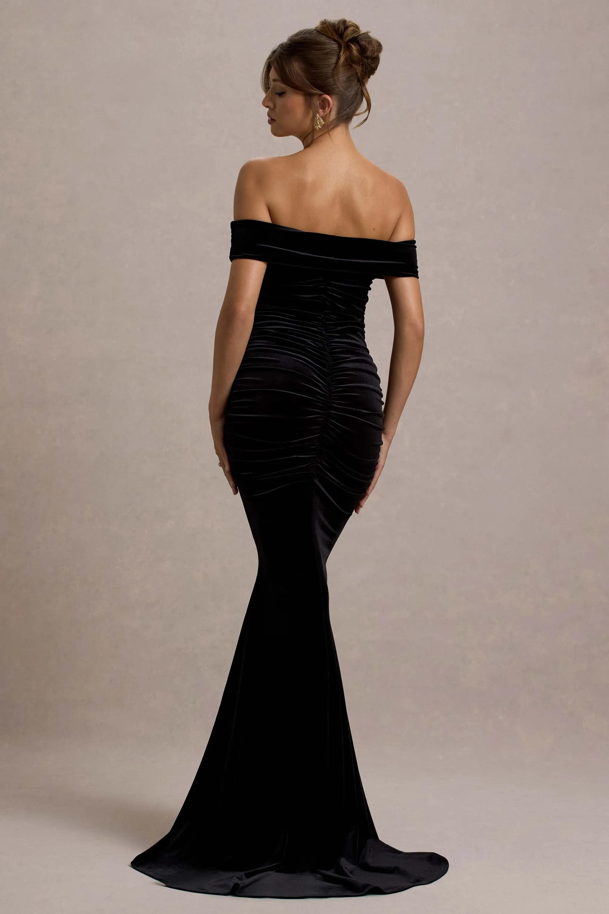 Apolline | Black Velvet Off The Shoulder Ruched Fishtail Maxi Dress