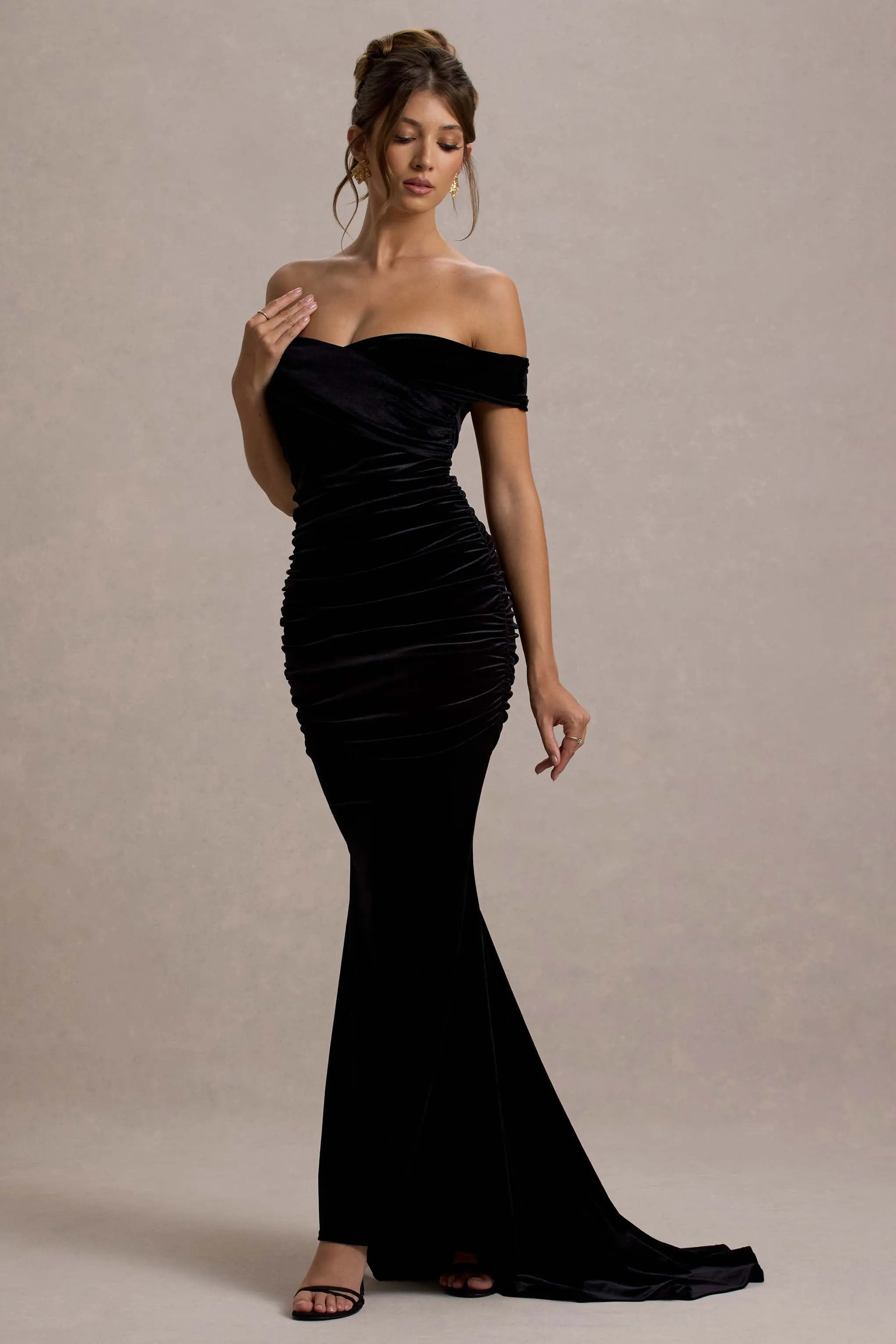 Apolline | Black Velvet Off The Shoulder Ruched Fishtail Maxi Dress