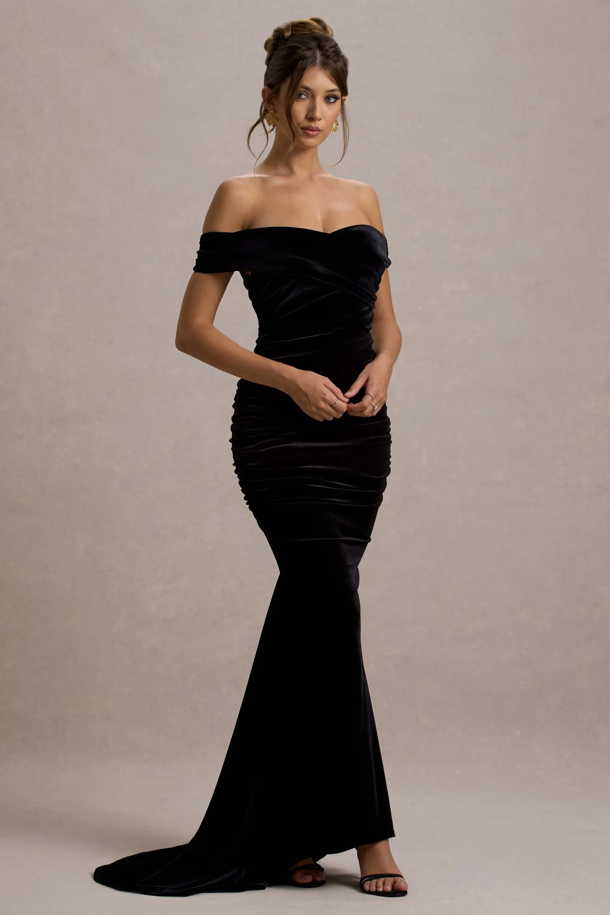 Apolline | Black Velvet Off The Shoulder Ruched Fishtail Maxi Dress