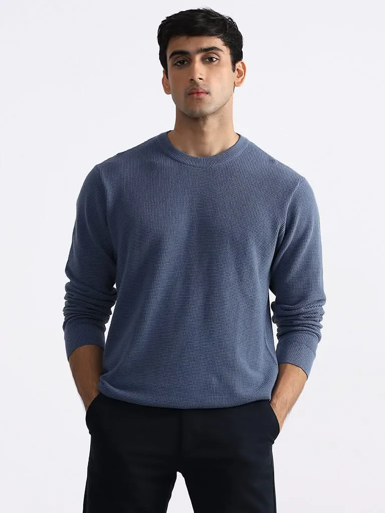 Ascot Blue Cotton Relaxed-Fit Sweater