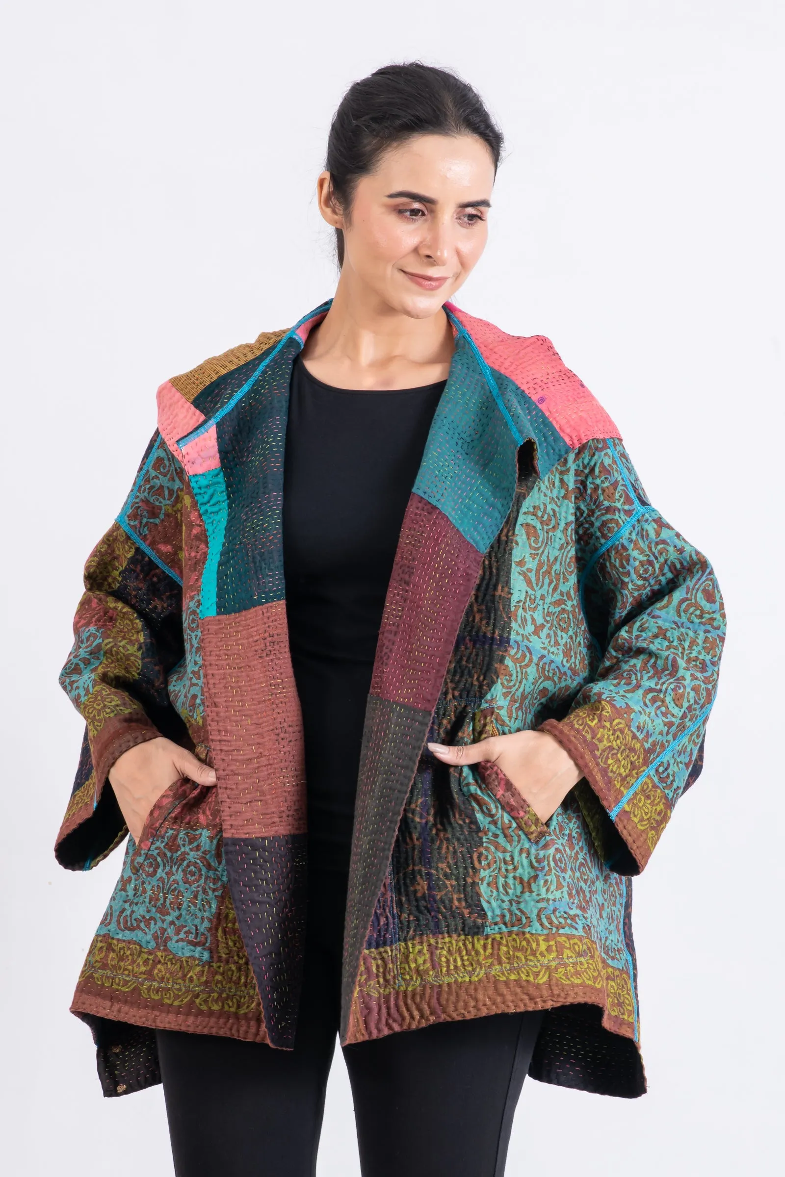 BAGH PRINT KANTHA HOODIE PONCHO