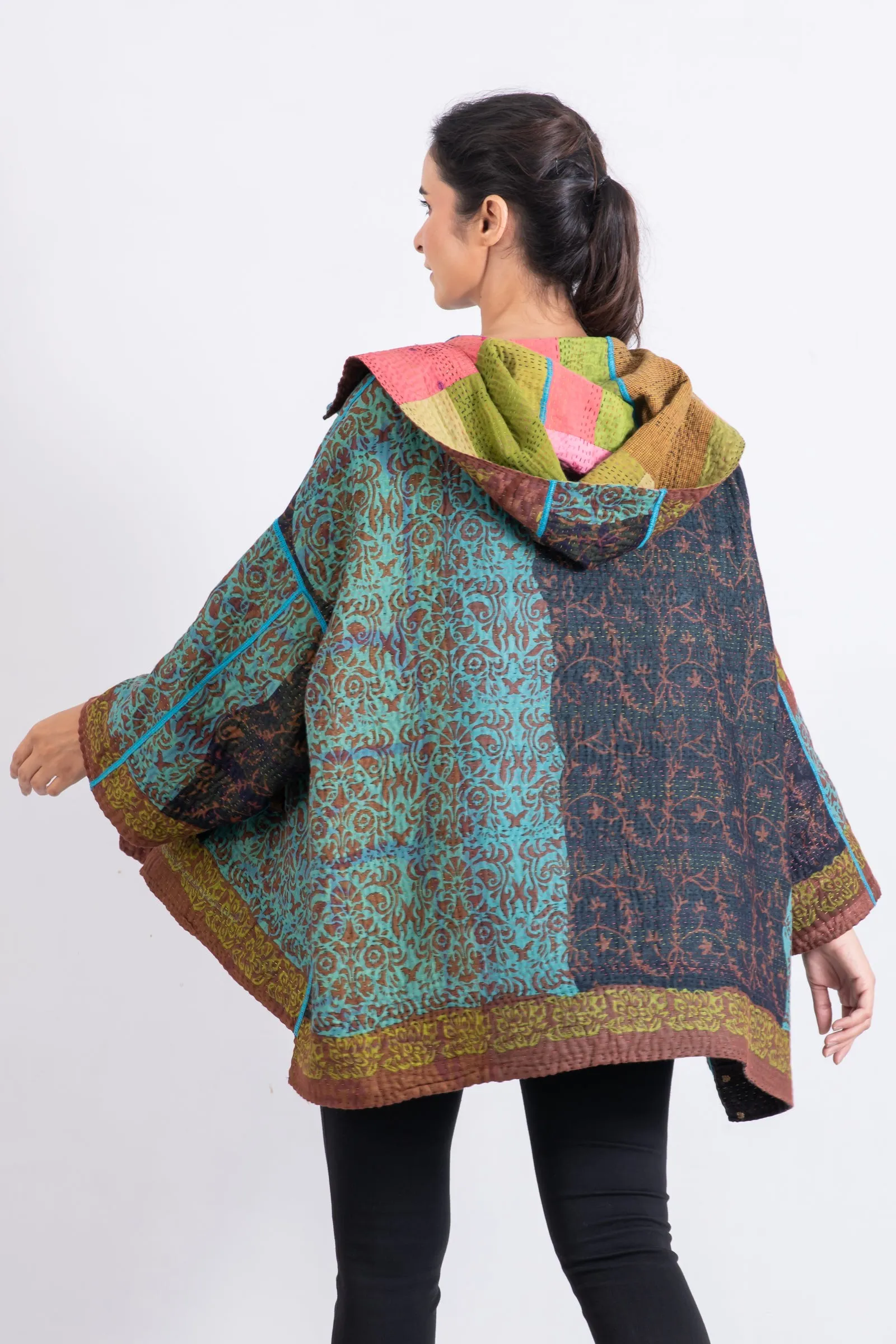 BAGH PRINT KANTHA HOODIE PONCHO