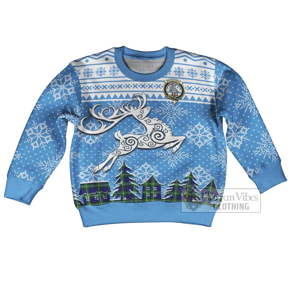 Bannerman Clan Christmas Kid Ugly Sweater with Tartan and Celtic Reindeer Style