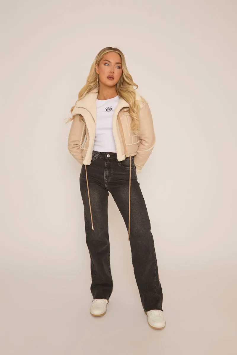 Beige Faux Leather Shearling Aviator Cropped Jacket - Avani