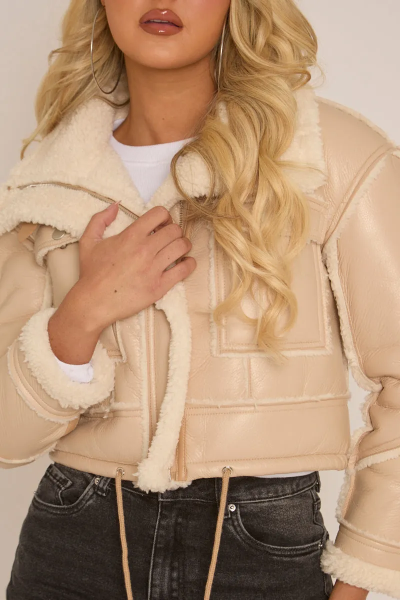 Beige Faux Leather Shearling Aviator Cropped Jacket - Avani