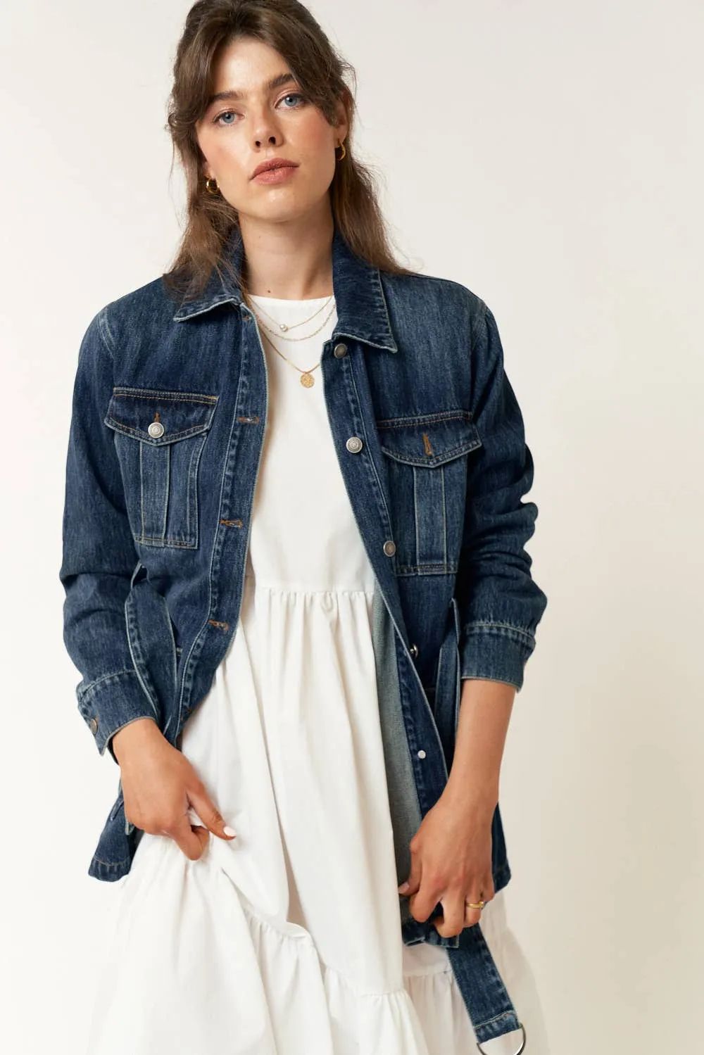 BELTED POCKET DETAIL BUTTON UP DENIM JACKET