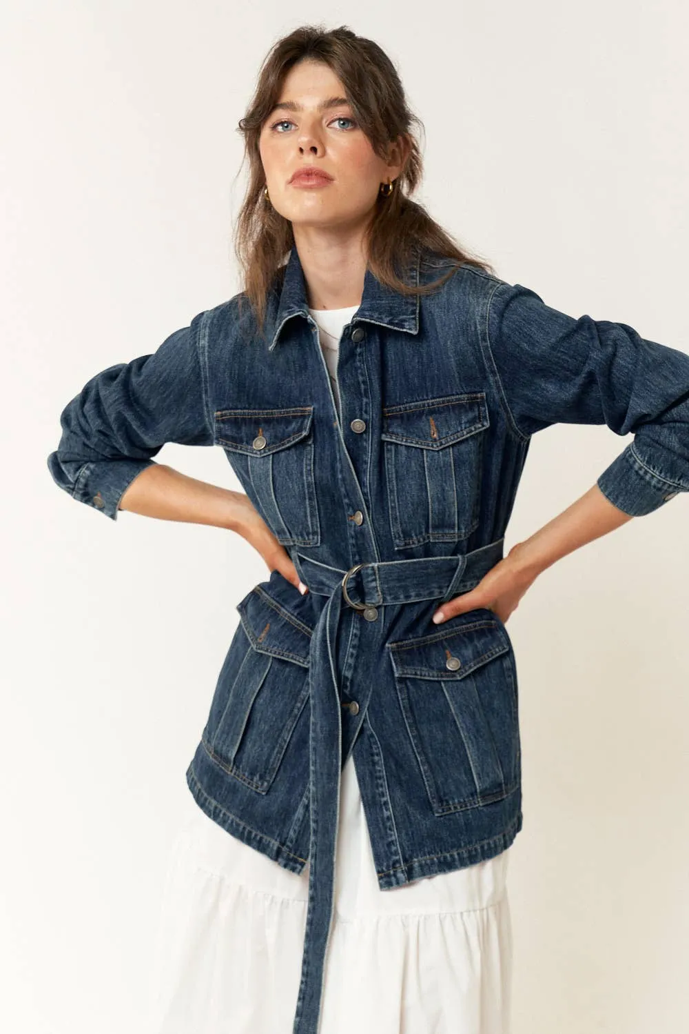 BELTED POCKET DETAIL BUTTON UP DENIM JACKET