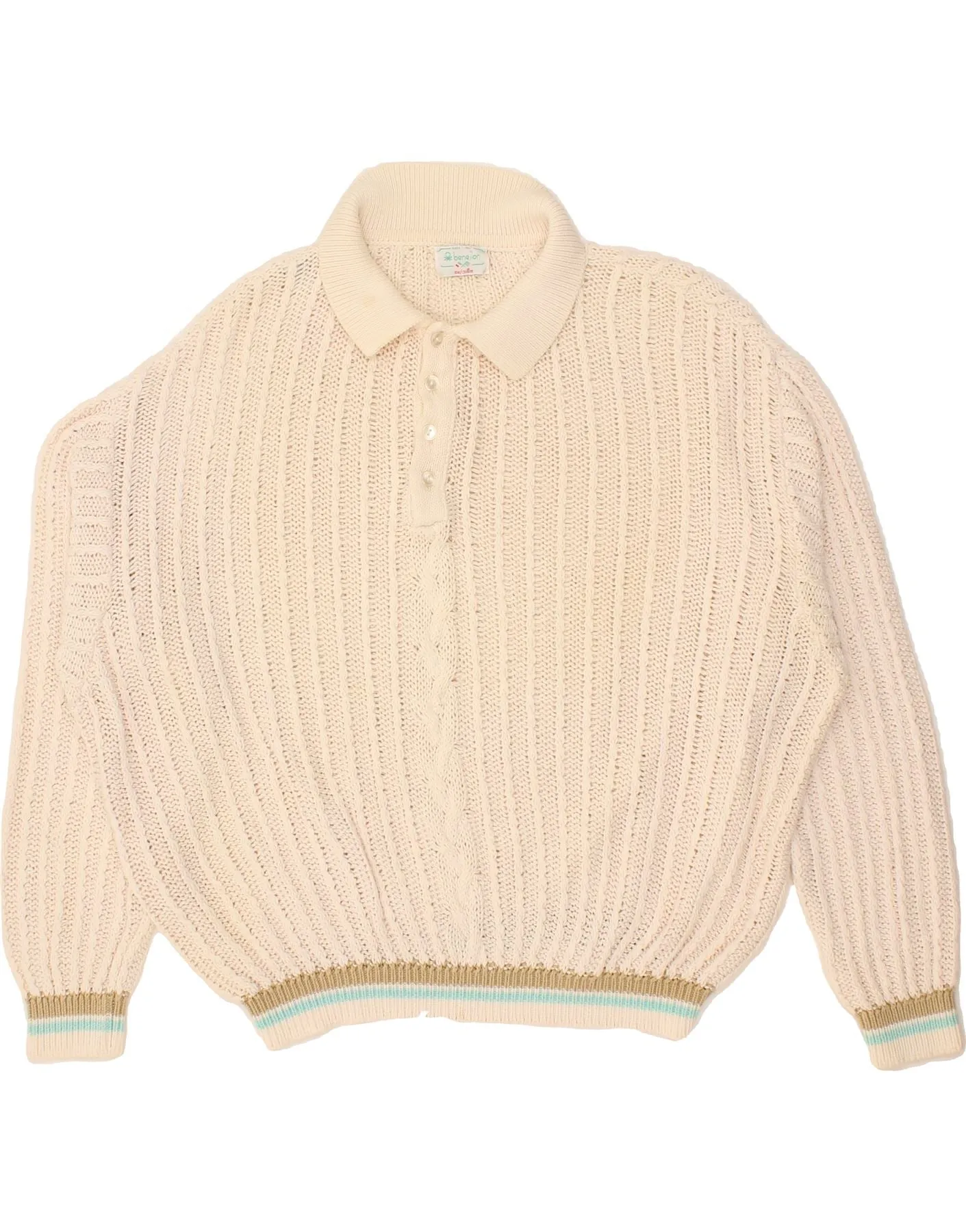 BENETTON Mens Polo Neck Jumper Sweater IT 52 Large Beige Cotton