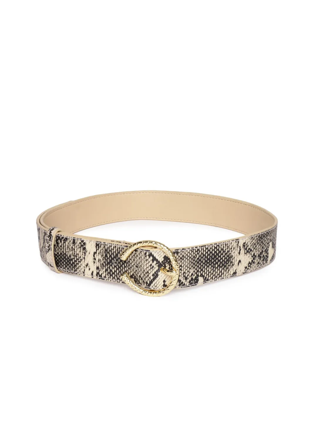 Berrylush Women Beige Snake Printed Metallic Buckle Belt