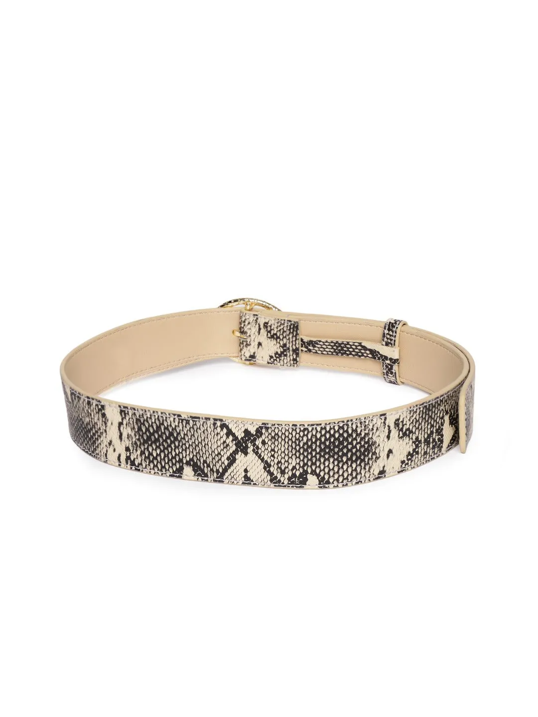 Berrylush Women Beige Snake Printed Metallic Buckle Belt