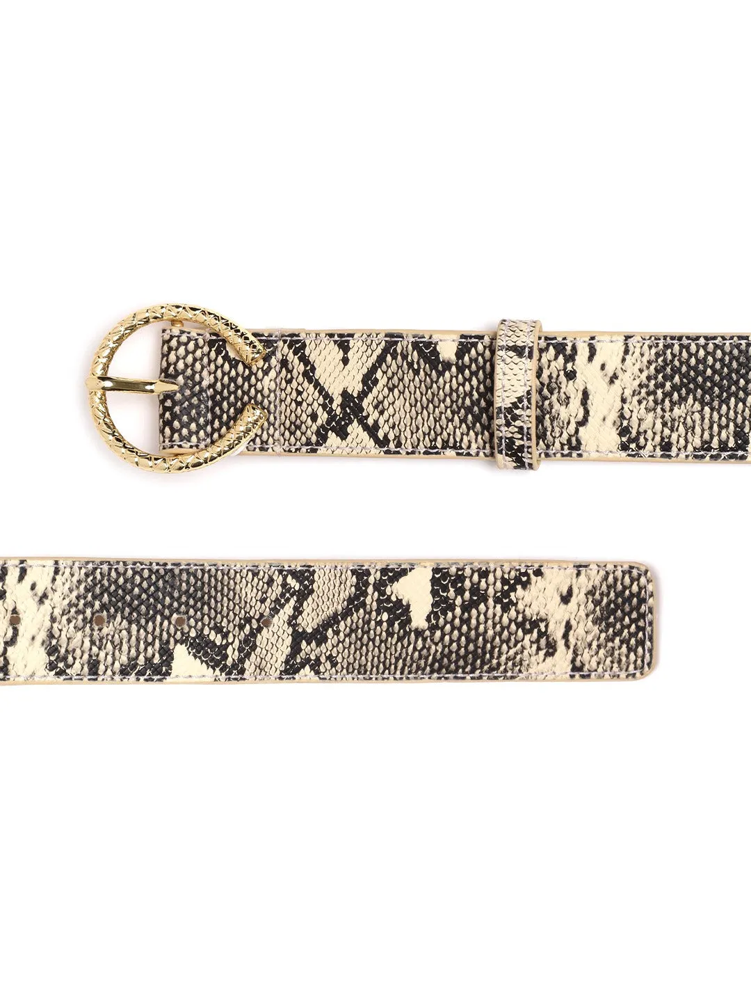 Berrylush Women Beige Snake Printed Metallic Buckle Belt