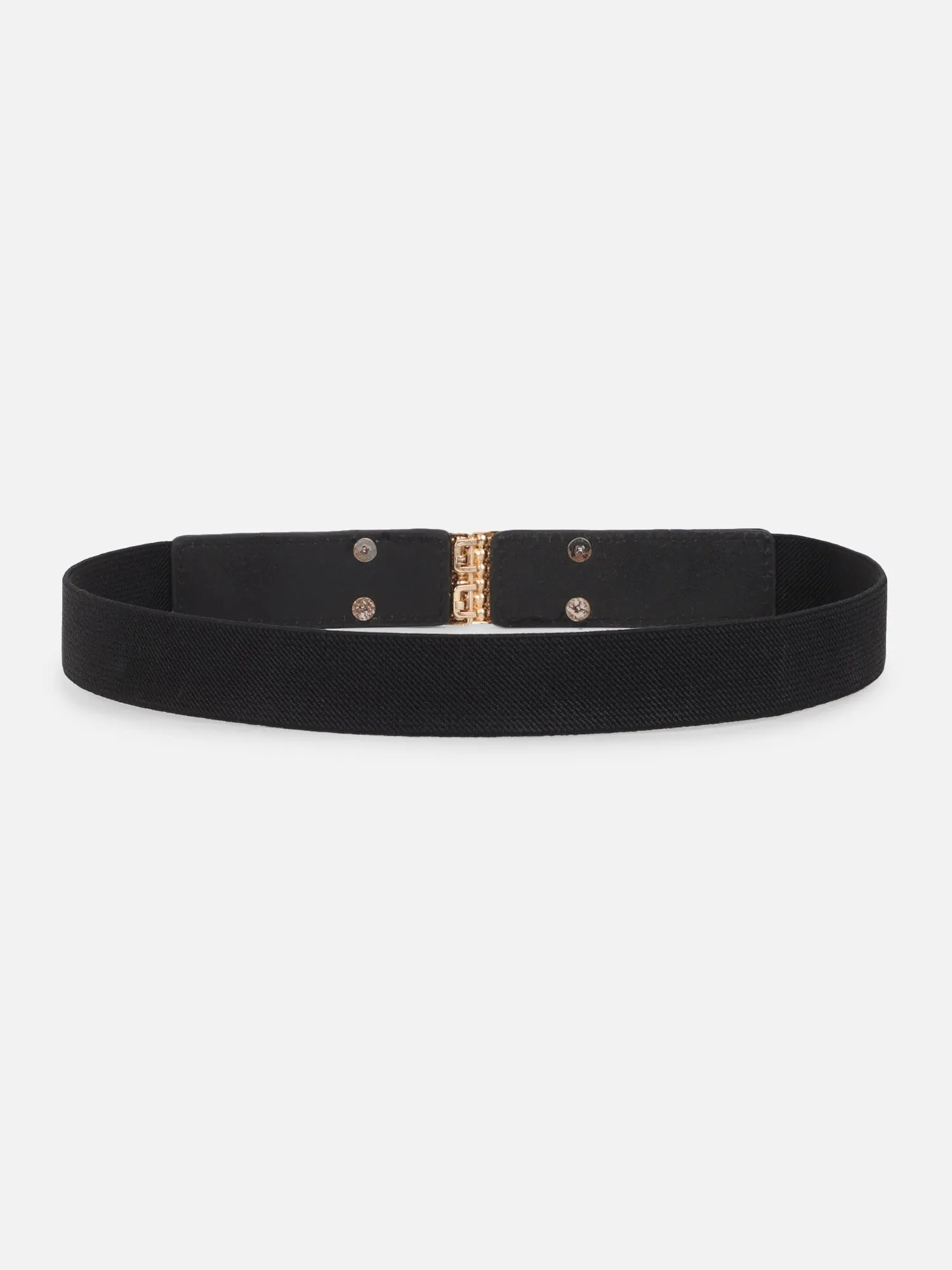 Berrylush Women Solid Black Golden Embellished Pearl Studded PU Nylon Interlock Regular Slim Belt