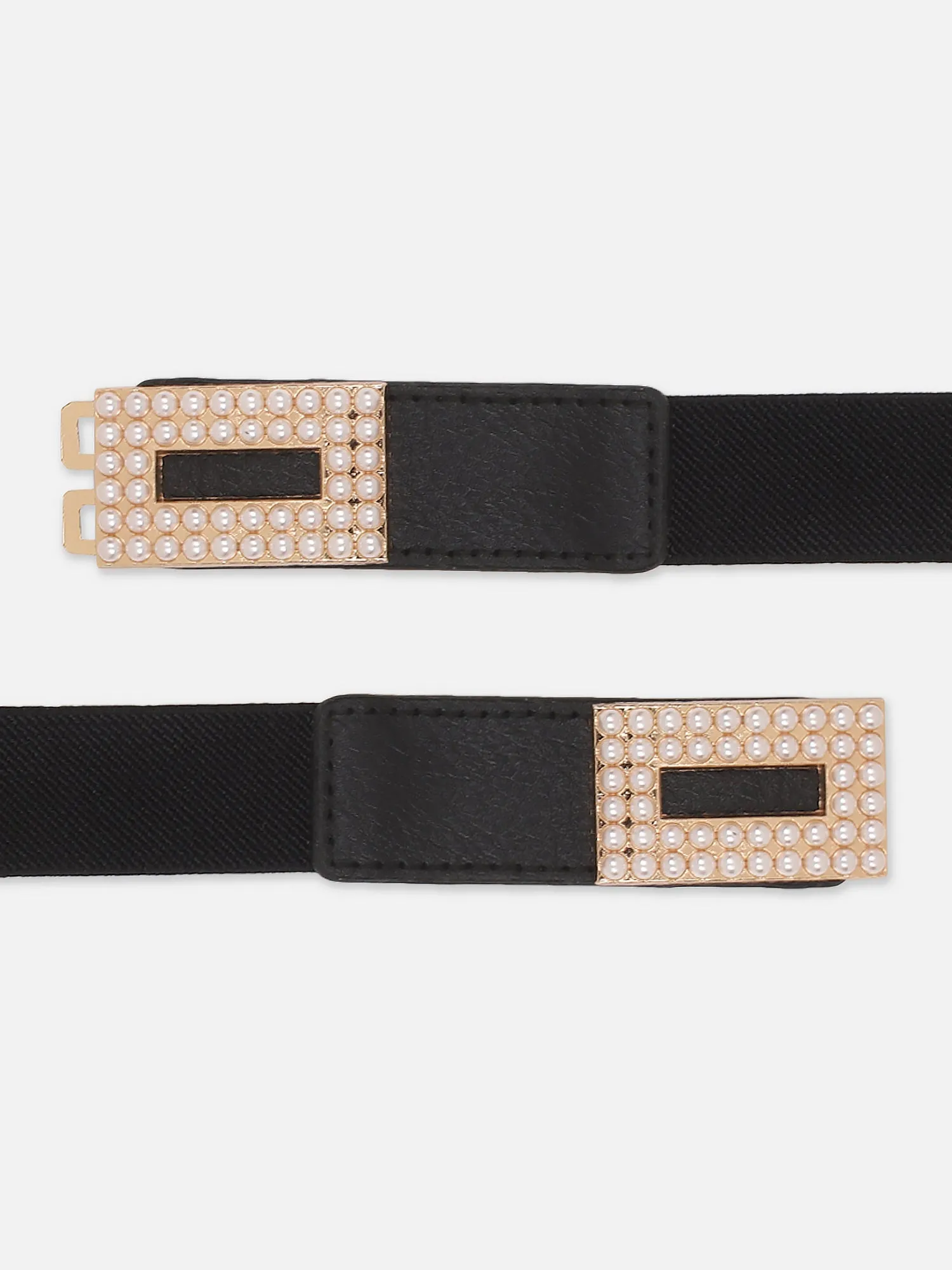 Berrylush Women Solid Black Golden Embellished Pearl Studded PU Nylon Interlock Regular Slim Belt