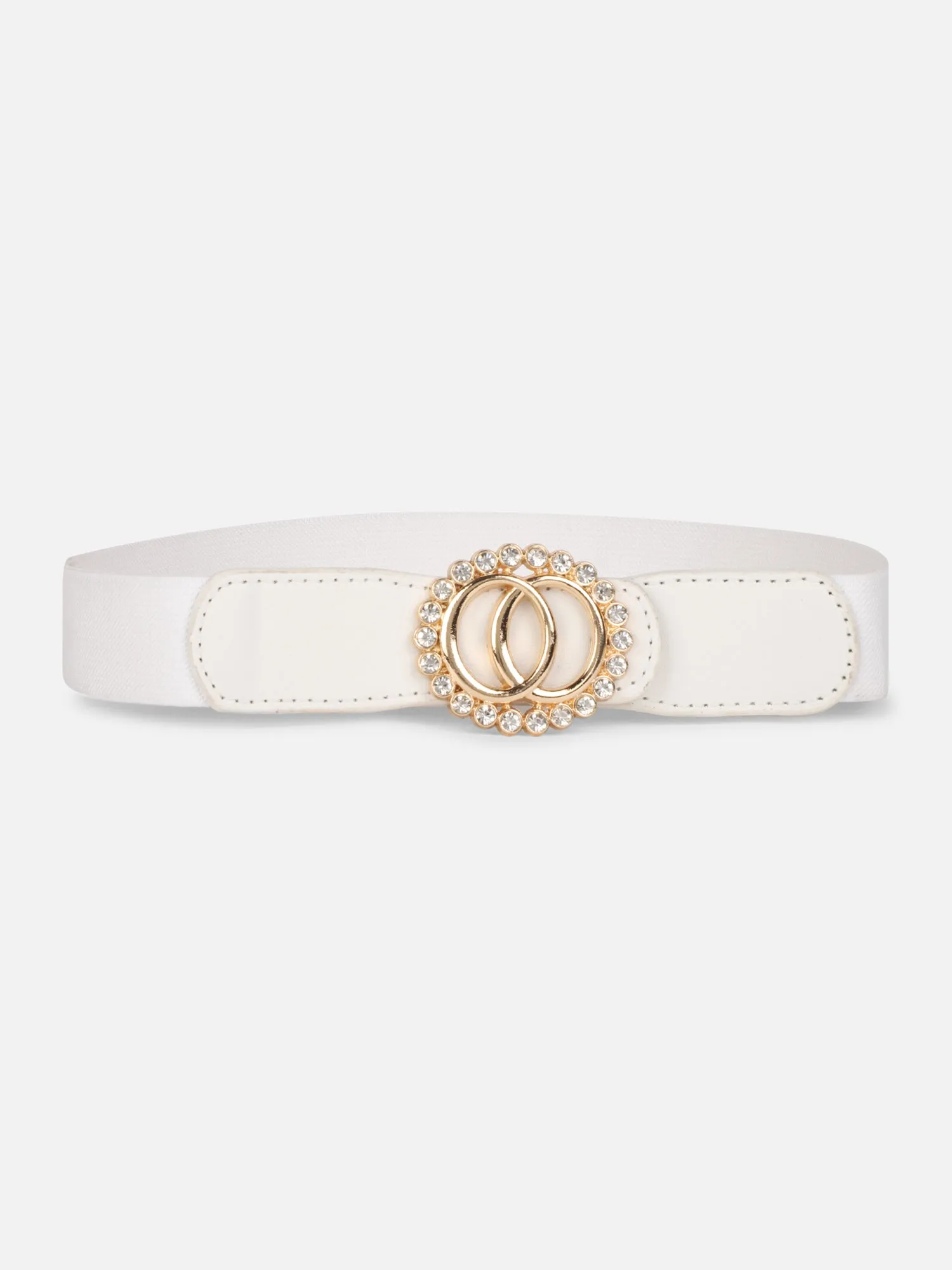 Berrylush Women Solid White Golden Embellished Diamond Studded PU Nylon Push-Pin Regular Slim Belt