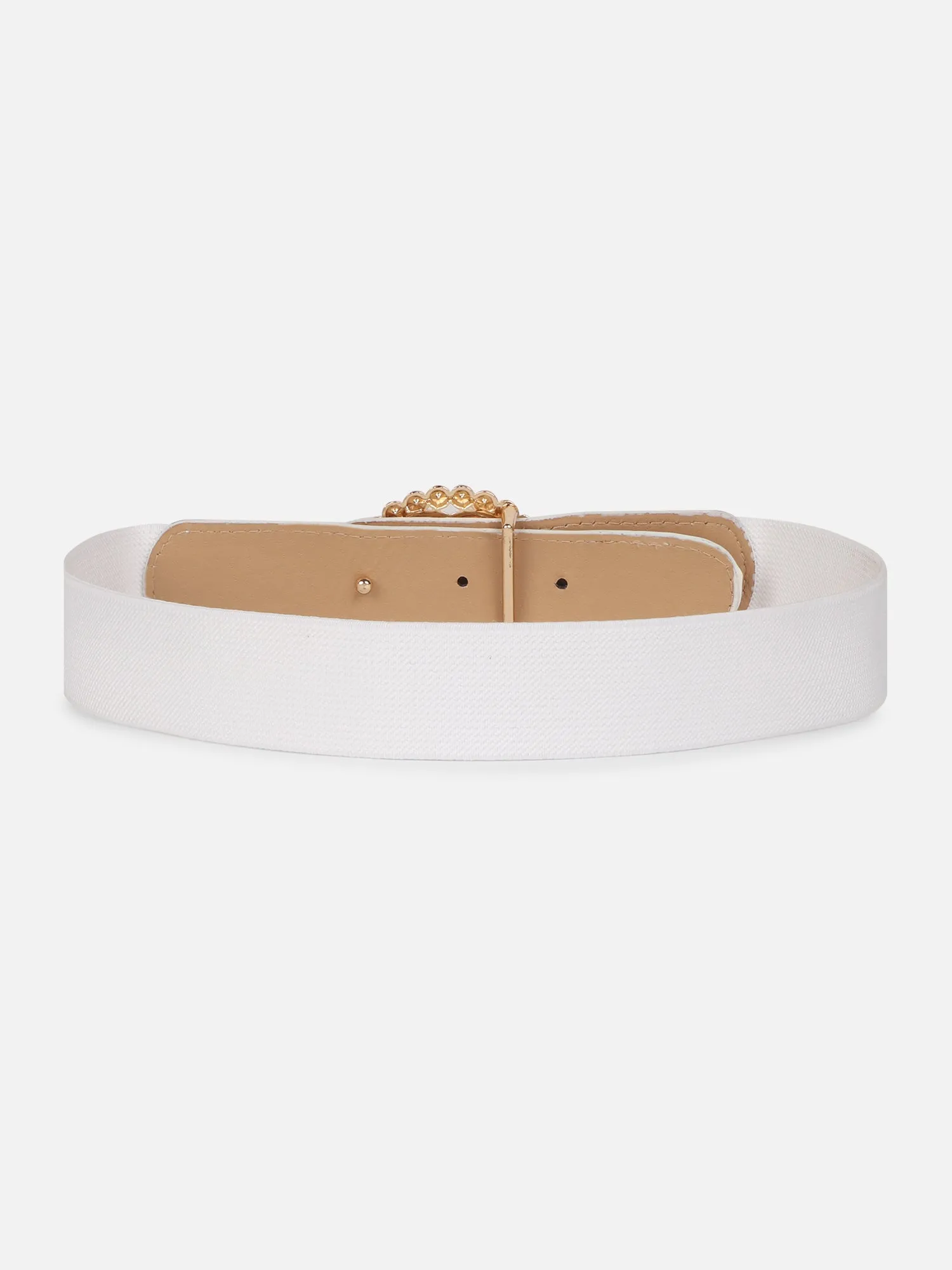 Berrylush Women Solid White Golden Embellished Diamond Studded PU Nylon Push-Pin Regular Slim Belt