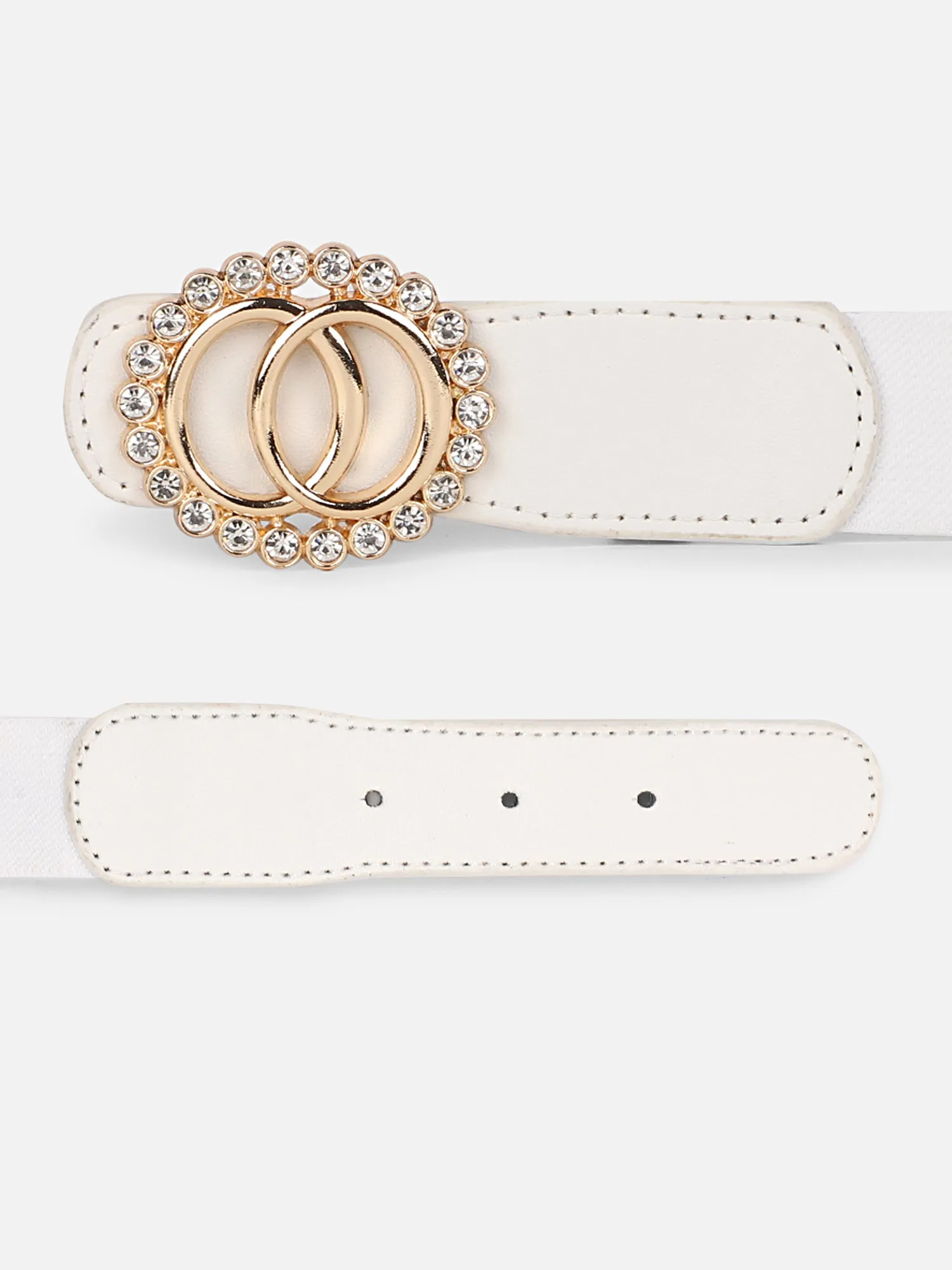 Berrylush Women Solid White Golden Embellished Diamond Studded PU Nylon Push-Pin Regular Slim Belt