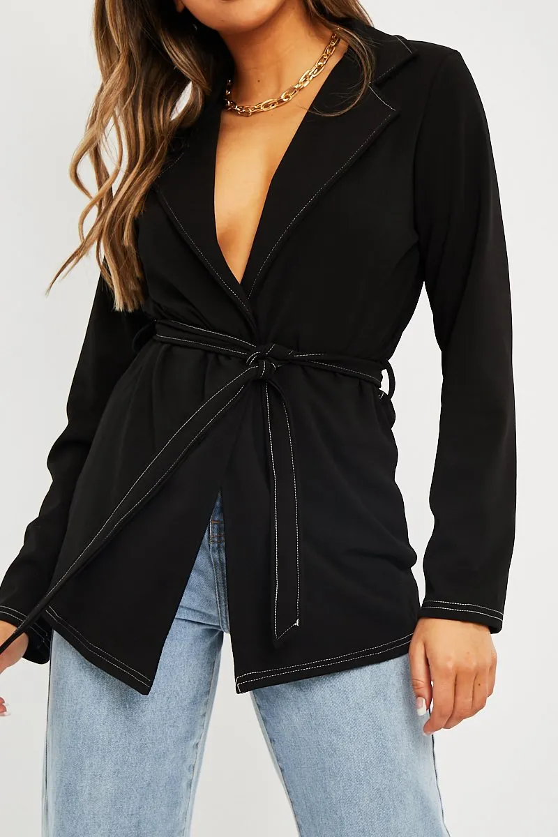 Black Contrast Stitch Waist Belt Blazer - Maya