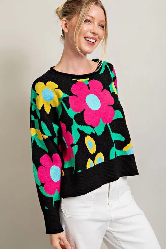 Black Floral Pattern Knit Top