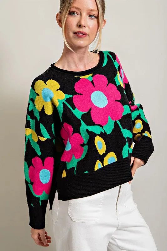 Black Floral Pattern Knit Top