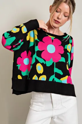 Black Floral Pattern Knit Top