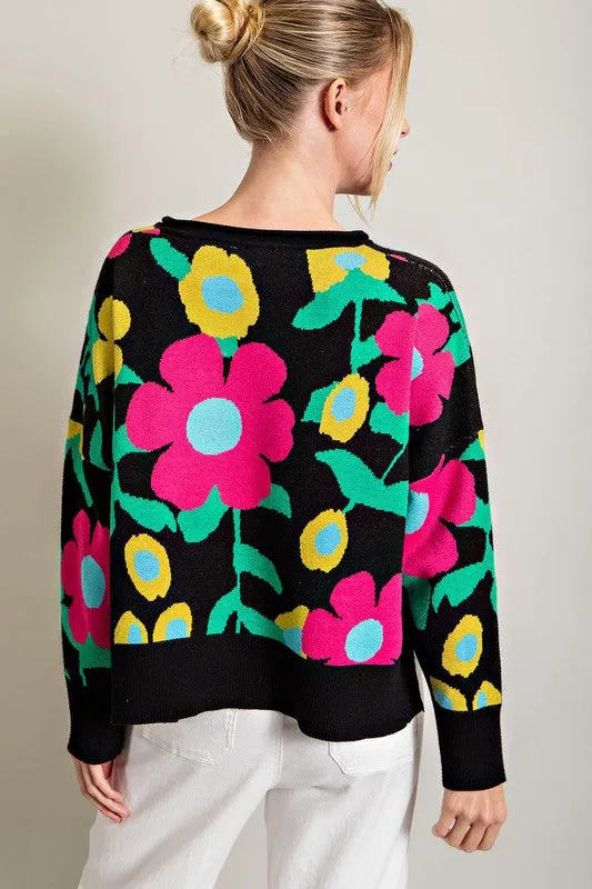 Black Floral Pattern Knit Top