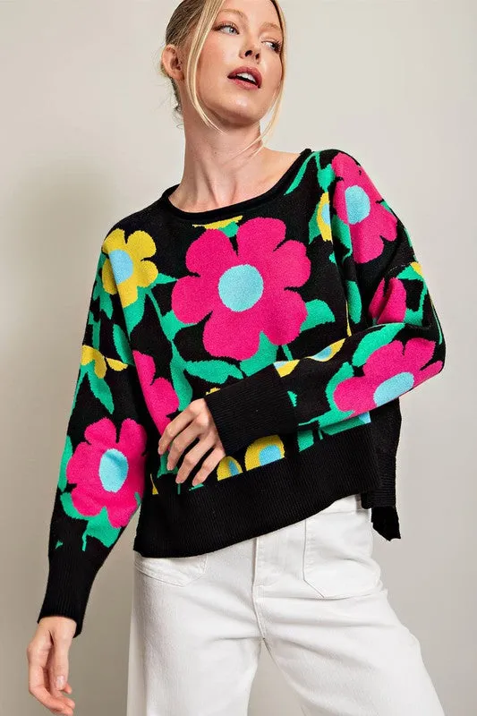 Black Floral Pattern Knit Top