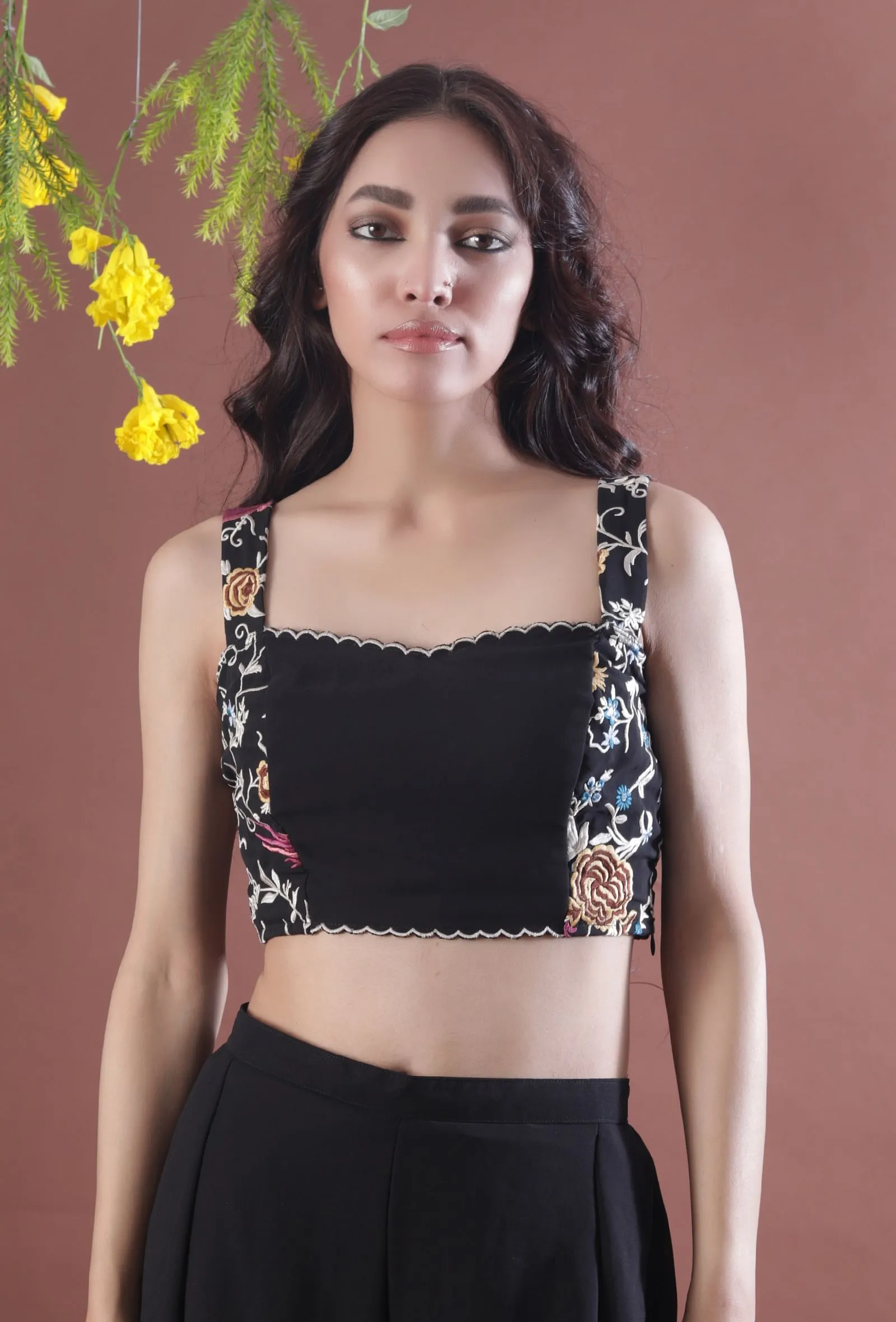 Black Parsi Multicolor Embroidered & Scalloped Georgette Crop Top