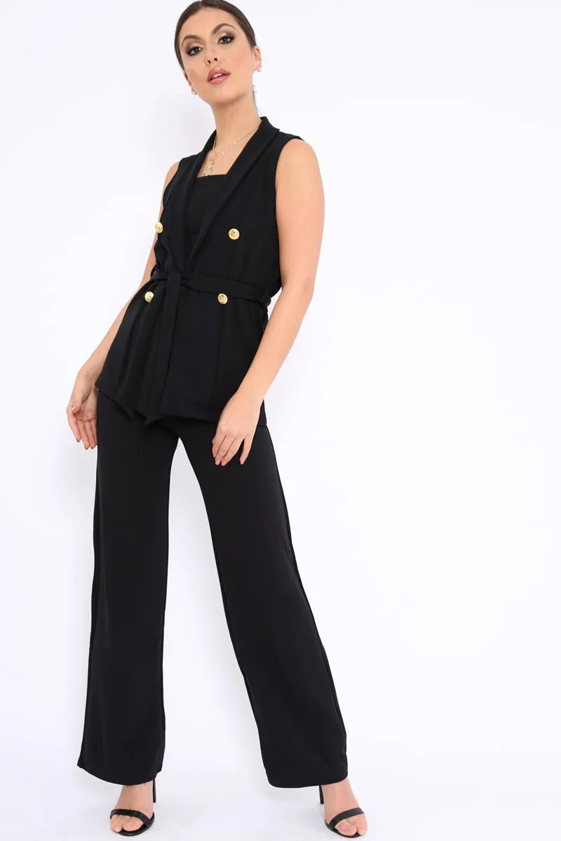 Black Sleeveless Tie Waist Blazer - Tonia