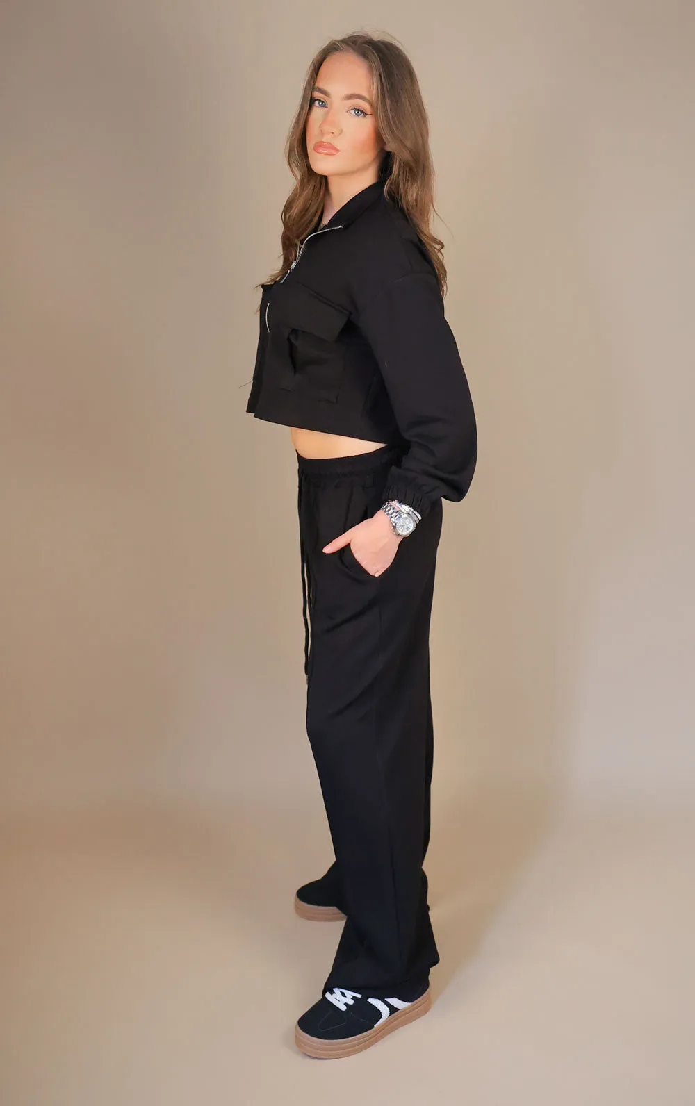 Black Straight Leg Jogger and Zip Cropped Jacket Co-ord