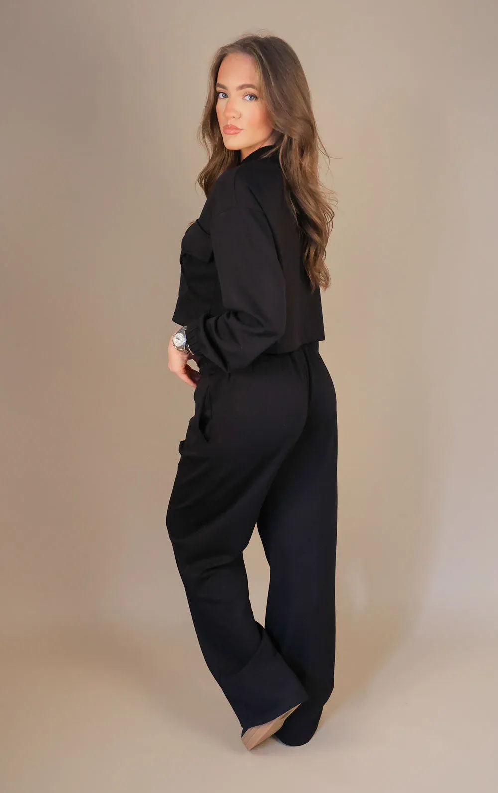 Black Straight Leg Jogger and Zip Cropped Jacket Co-ord