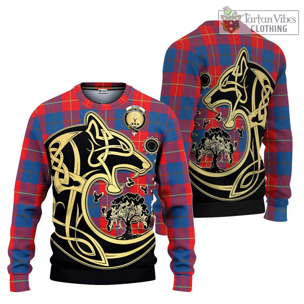 Blane Tartan Ugly Sweater with Family Crest Celtic Wolf Style