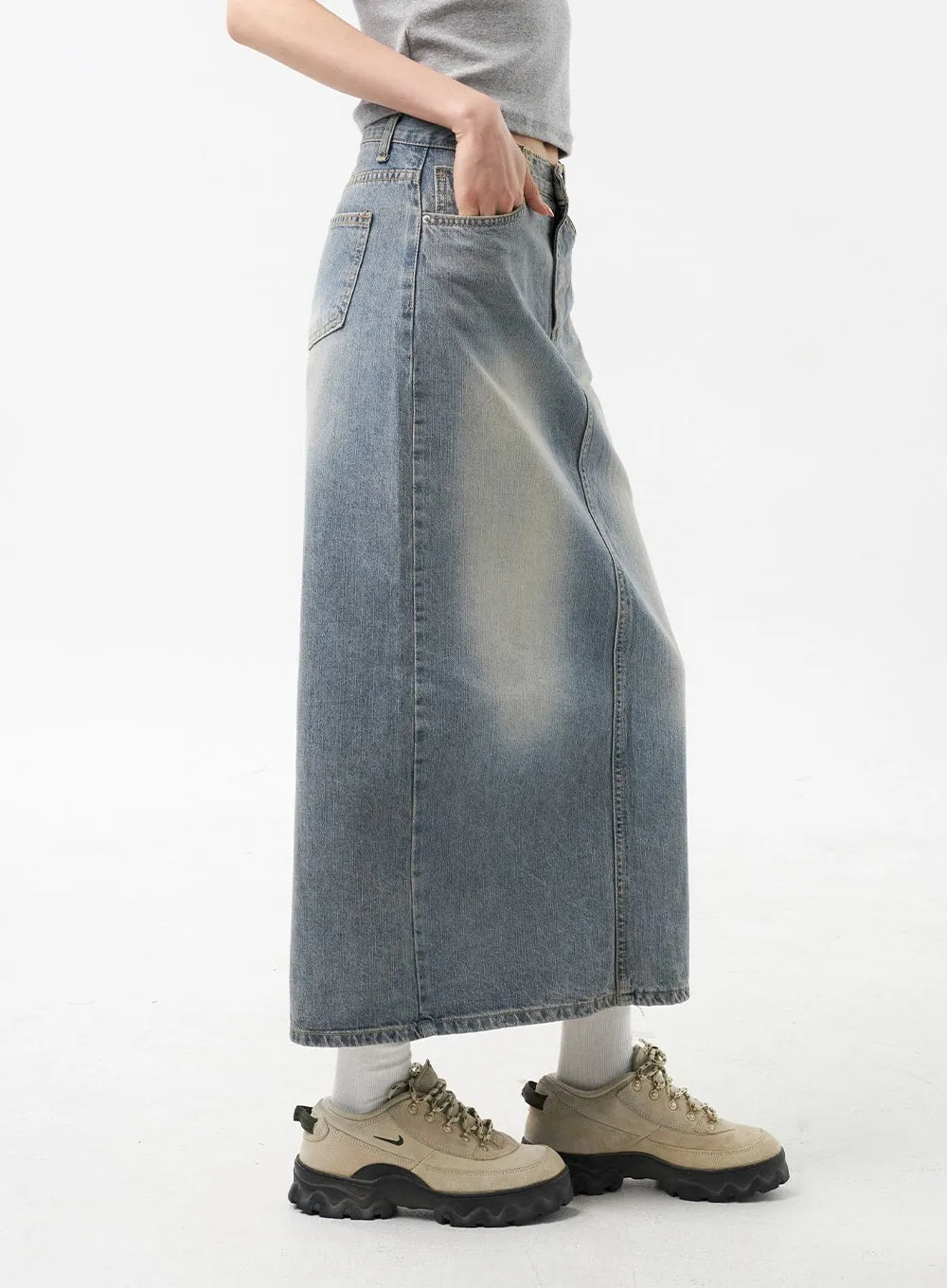 Blue Denim Maxi Skirt CU309